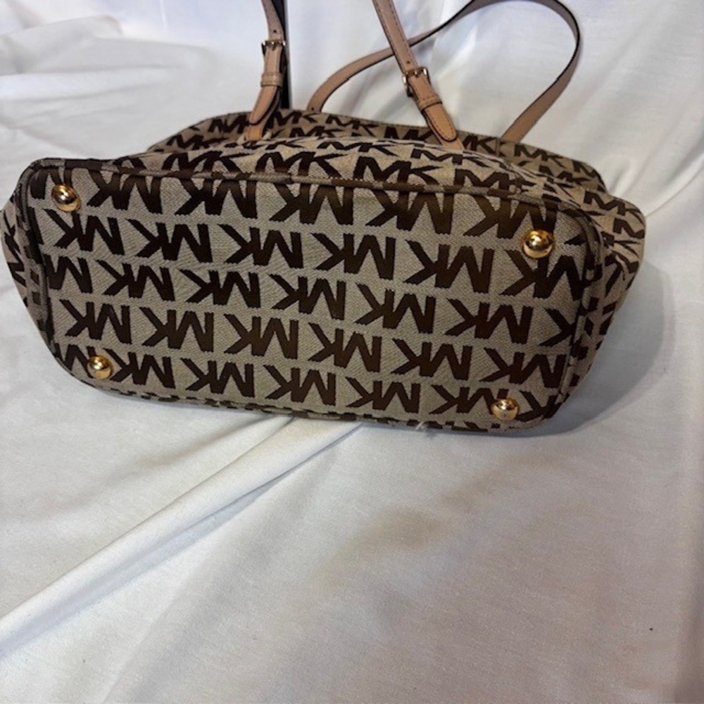 Michael Kors MK Logo Canvas Tote Bag Brown Tan Large Shoulder Bag - Picture 8 of 13